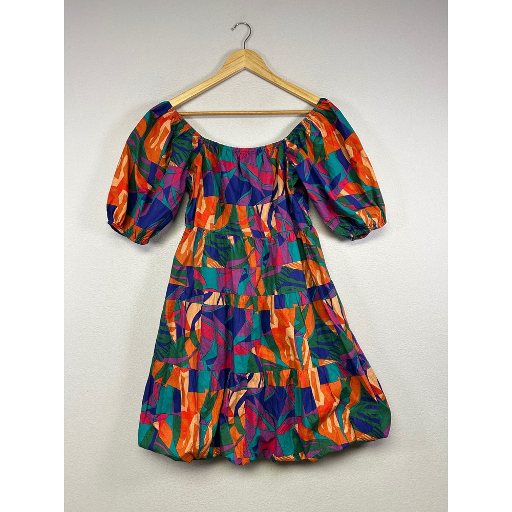 Boho Artsy Sim & Sam S‎ Multicolor Abstract Tiered Smocked Puff Sleeve Dress